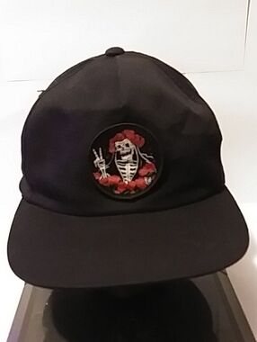 Black Baseball Cap with Skeleton & Red Rose Patch
